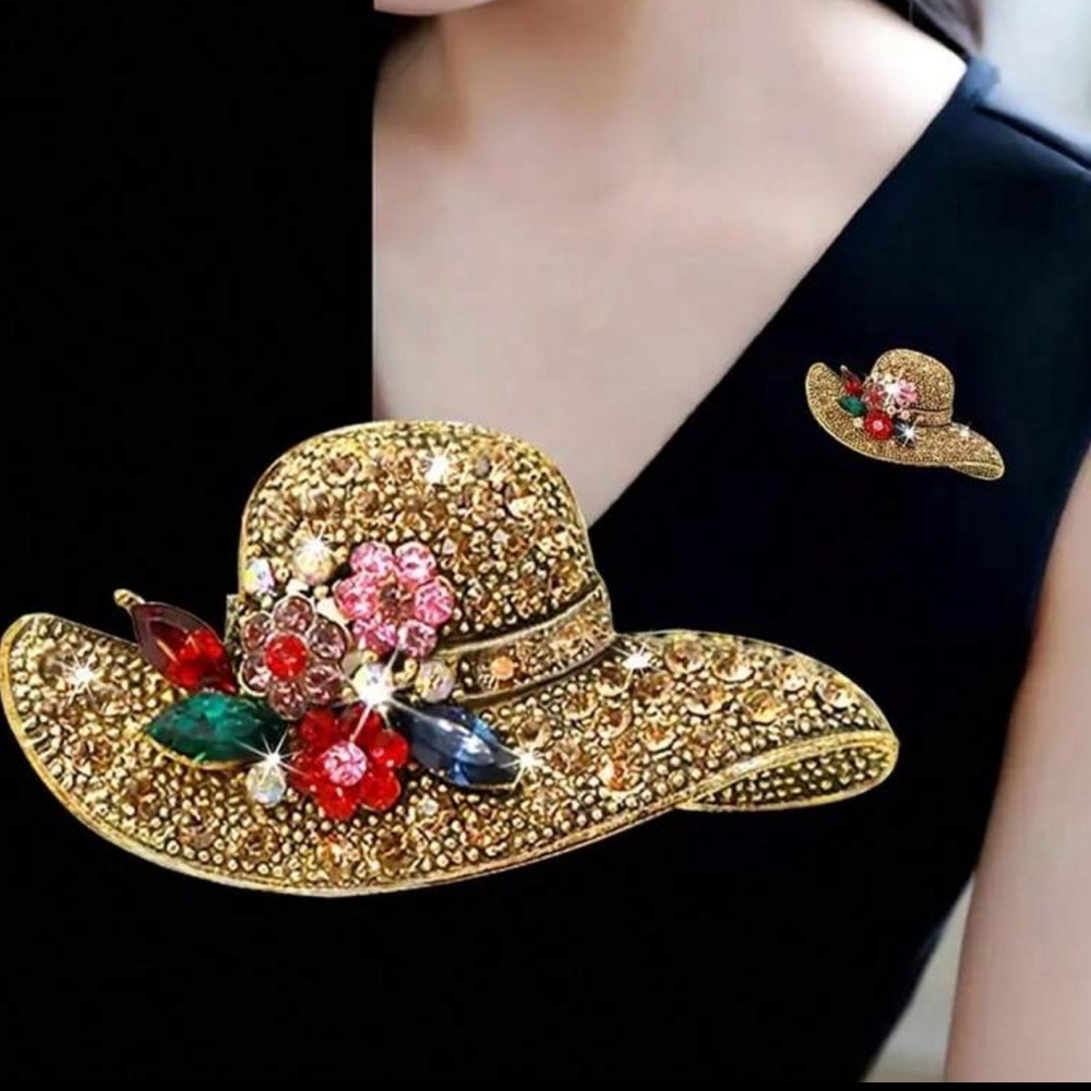 Colorful Floral Rhinestone Hat Shape Brooch